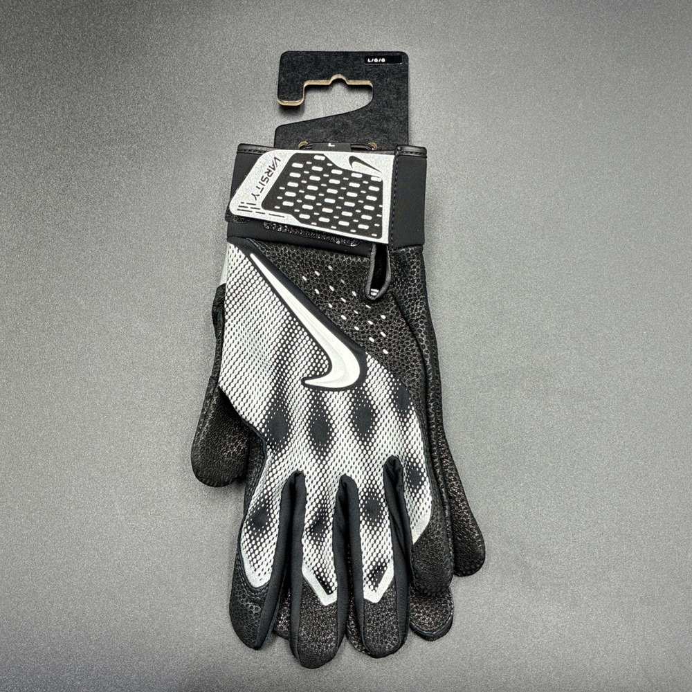 Nike Alpha Varsity Batting Gloves Black Silver Baseball Mens Sz L NWT
